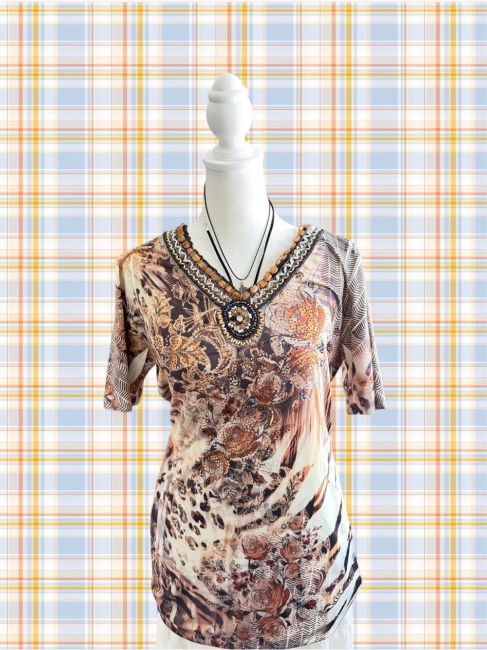 Braciano Neutral Floral & Animal Print Beaded V-Neck Short Sleeve Top